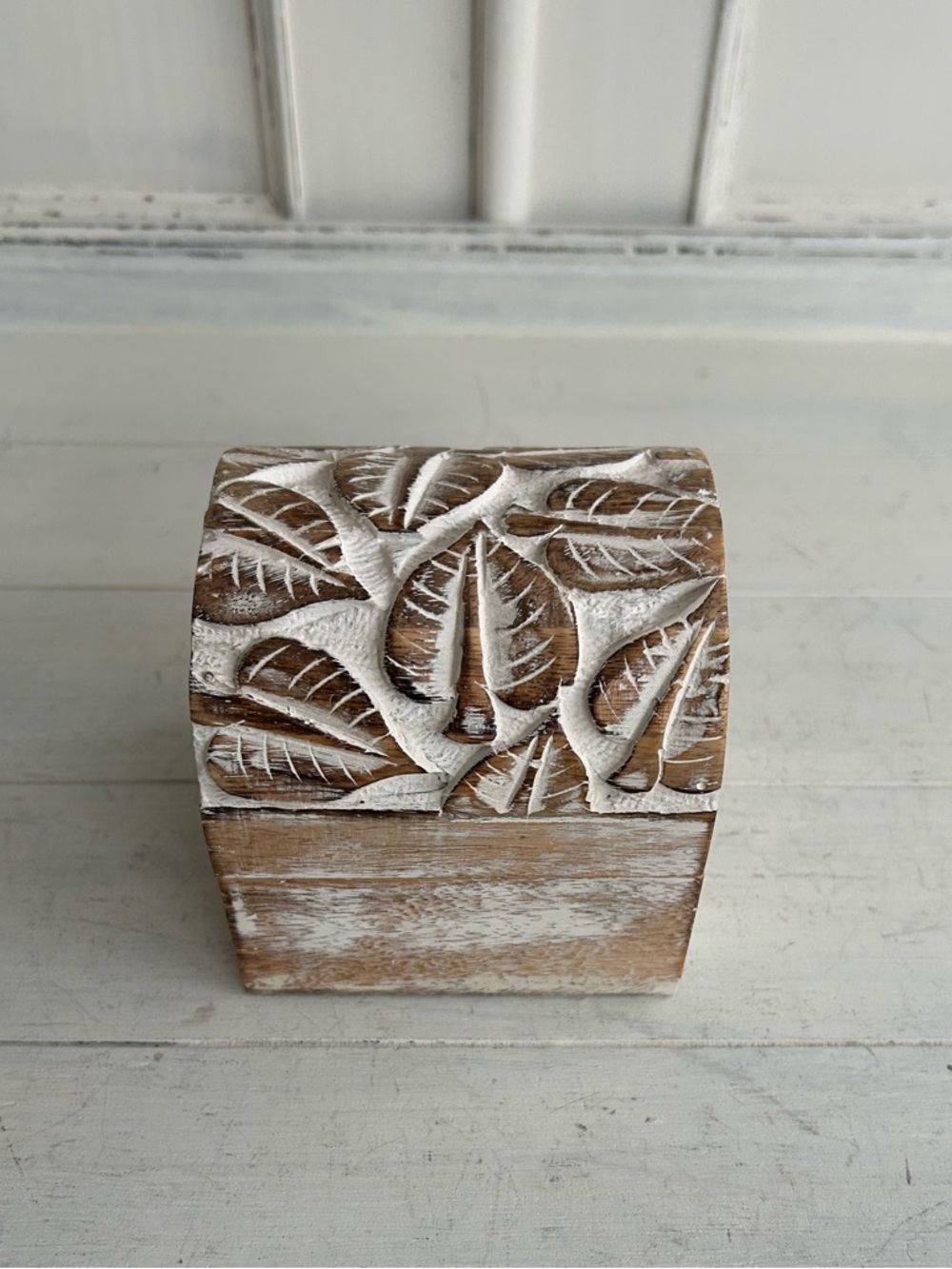 Carved Wood Trinket Box with Whitewashed Leaf Design
